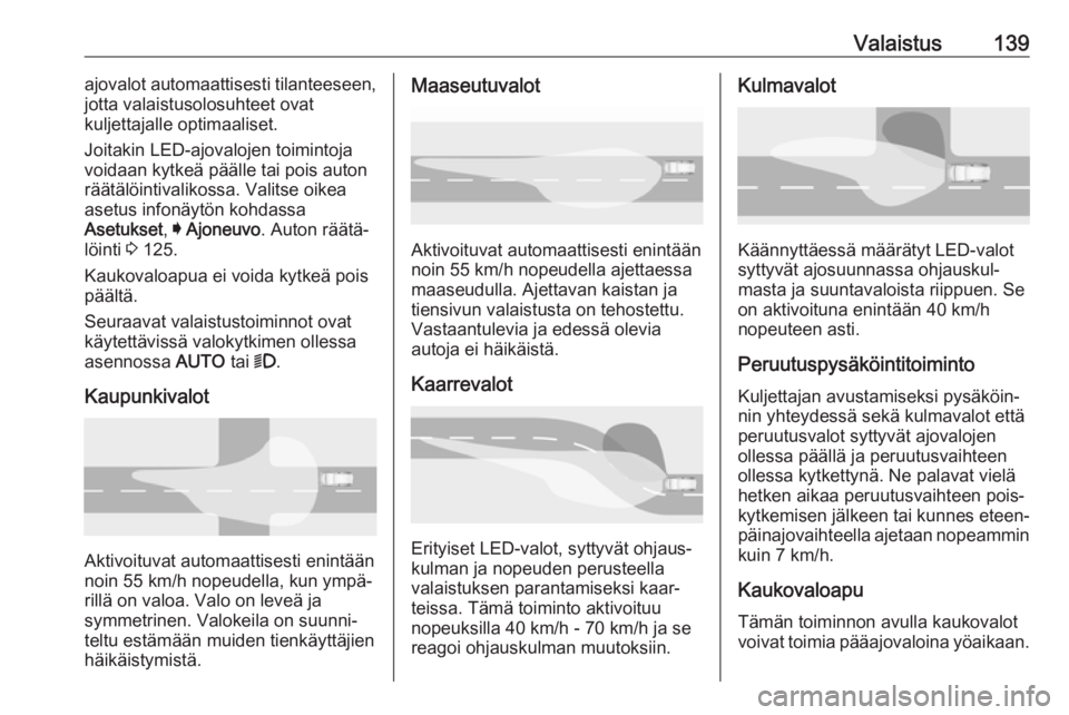 OPEL ASTRA K 2018 Ohjekirja (in Finnish) Valaistus139ajovalot automaattisesti tilanteeseen,
jotta valaistusolosuhteet ovat
kuljettajalle optimaaliset.
Joitakin LED-ajovalojen toimintoja
voidaan kytkeä päälle tai pois auton
räätälöinti OPEL ASTRA K 2018 Ohjekirja (in Finnish) Valaistus139ajovalot automaattisesti tilanteeseen,
jotta valaistusolosuhteet ovat
kuljettajalle optimaaliset.
Joitakin LED-ajovalojen toimintoja
voidaan kytkeä päälle tai pois auton
räätälöinti