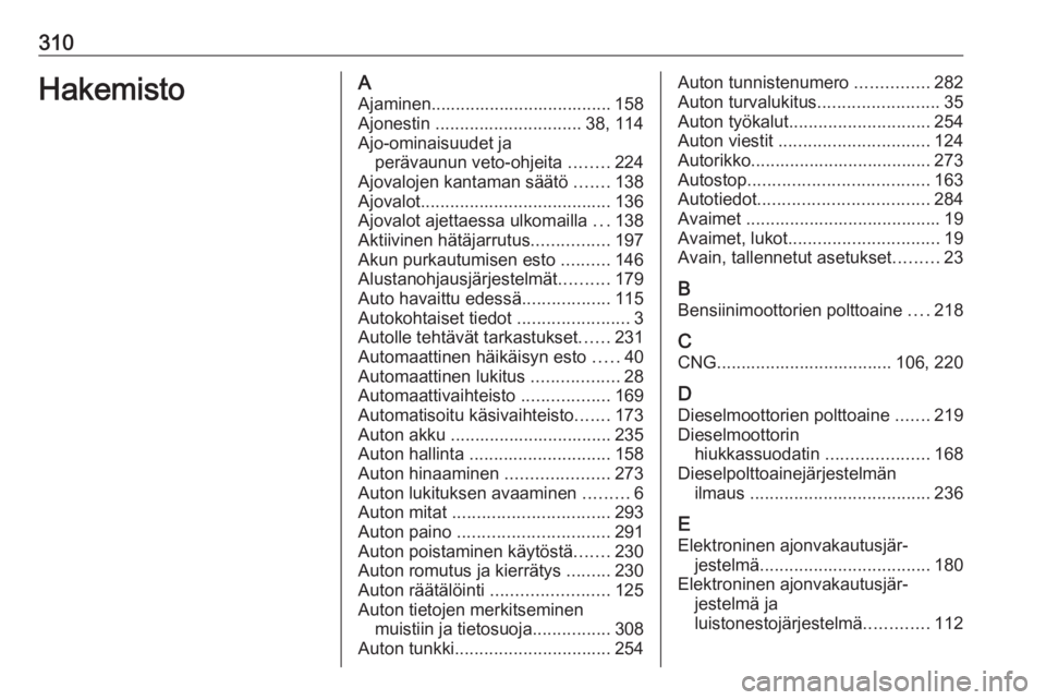 OPEL ASTRA K 2018  Ohjekirja (in Finnish) 310HakemistoAAjaminen..................................... 158Ajonestin  .............................. 38, 114
Ajo-ominaisuudet ja perävaunun veto-ohjeita  ........224
Ajovalojen kantaman säätö  