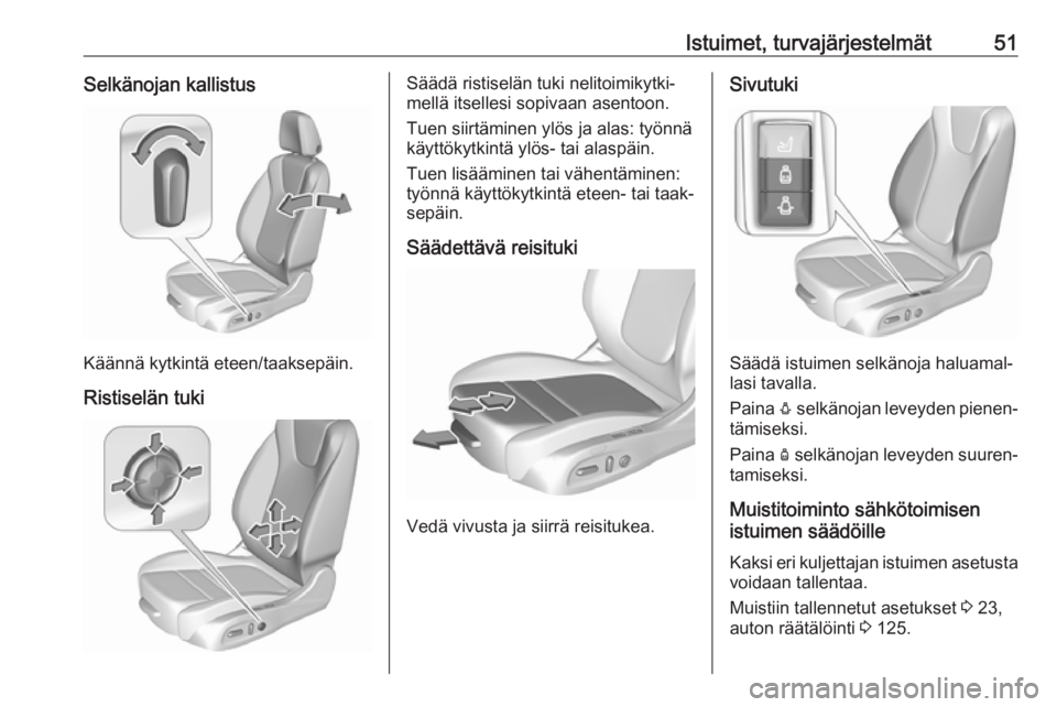 OPEL ASTRA K 2018  Ohjekirja (in Finnish) Istuimet, turvajärjestelmät51Selkänojan kallistus
Käännä kytkintä eteen/taaksepäin.Ristiselän tuki
Säädä ristiselän tuki nelitoimikytki‐
mellä itsellesi sopivaan asentoon.
Tuen siirtä