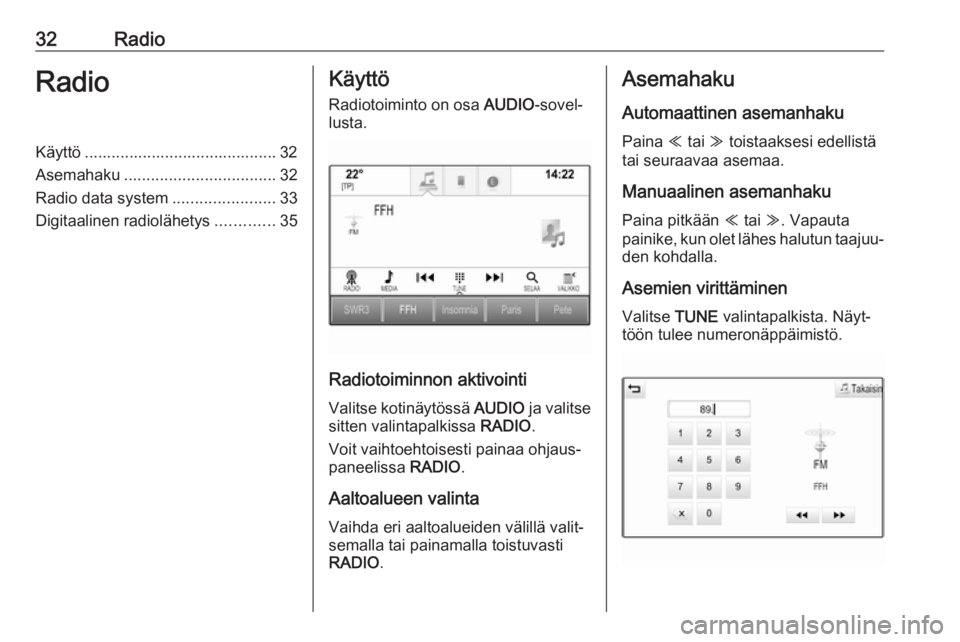 OPEL ASTRA K 2018.5 Infotainment-ohjekirja (in Finnish) 32RadioRadioKäyttö ........................................... 32
Asemahaku .................................. 32
Radio data system .......................33
Digitaalinen radiolähetys ............. OPEL ASTRA K 2018.5 Infotainment-ohjekirja (in Finnish) 32RadioRadioKäyttö ........................................... 32
Asemahaku .................................. 32
Radio data system .......................33
Digitaalinen radiolähetys .............