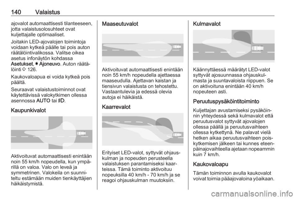 OPEL ASTRA K 2018.75  Ohjekirja (in Finnish) 140Valaistusajovalot automaattisesti tilanteeseen,
jotta valaistusolosuhteet ovat
kuljettajalle optimaaliset.
Joitakin LED-ajovalojen toimintoja
voidaan kytkeä päälle tai pois auton
räätälöinti