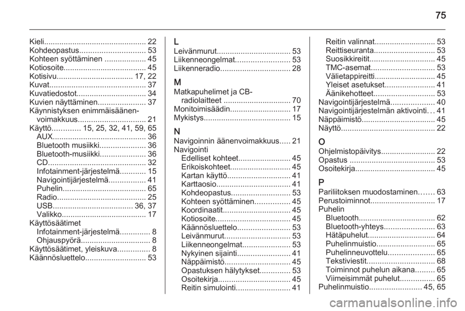 OPEL CASCADA 2014.5  Infotainment-ohjekirja (in Finnish) 75
Kieli............................................... 22
Kohdeopastus .............................. 53
Kohteen syöttäminen  ...................45
Kotiosoite ......................................
