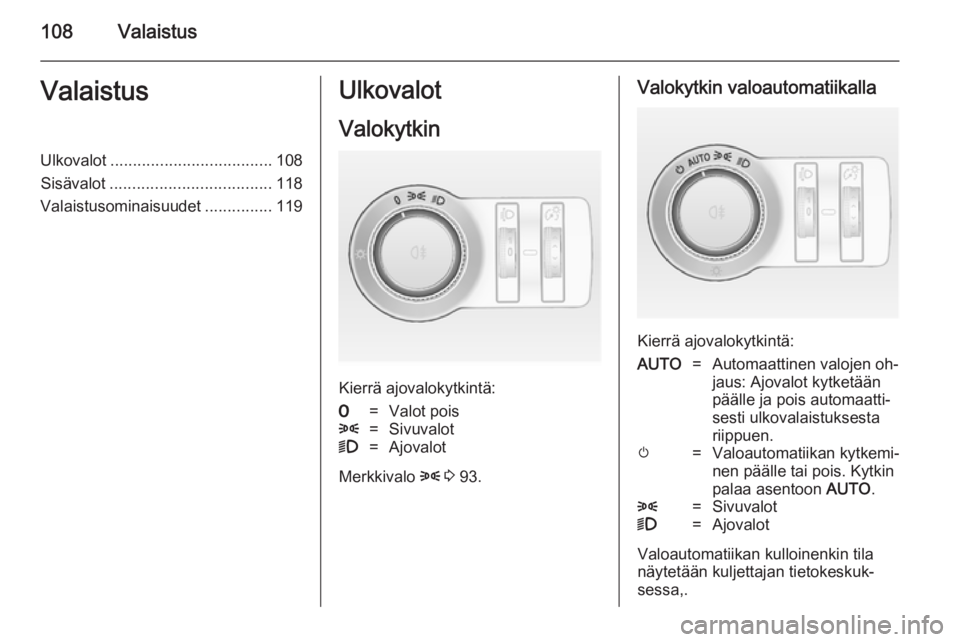 OPEL CASCADA 2014.5  Ohjekirja (in Finnish) 108ValaistusValaistusUlkovalot.................................... 108
Sisävalot .................................... 118
Valaistusominaisuudet ...............119Ulkovalot
Valokytkin
Kierrä ajovalok