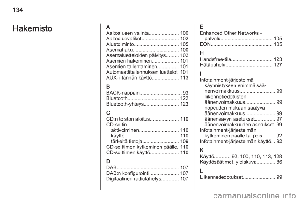 OPEL CASCADA 2015.5  Infotainment-ohjekirja (in Finnish) 134HakemistoAAaltoalueen valinta .....................100
Aaltoaluevalikot .......................... 102
Aluetoiminto ................................ 105
Asemahaku................................. 1