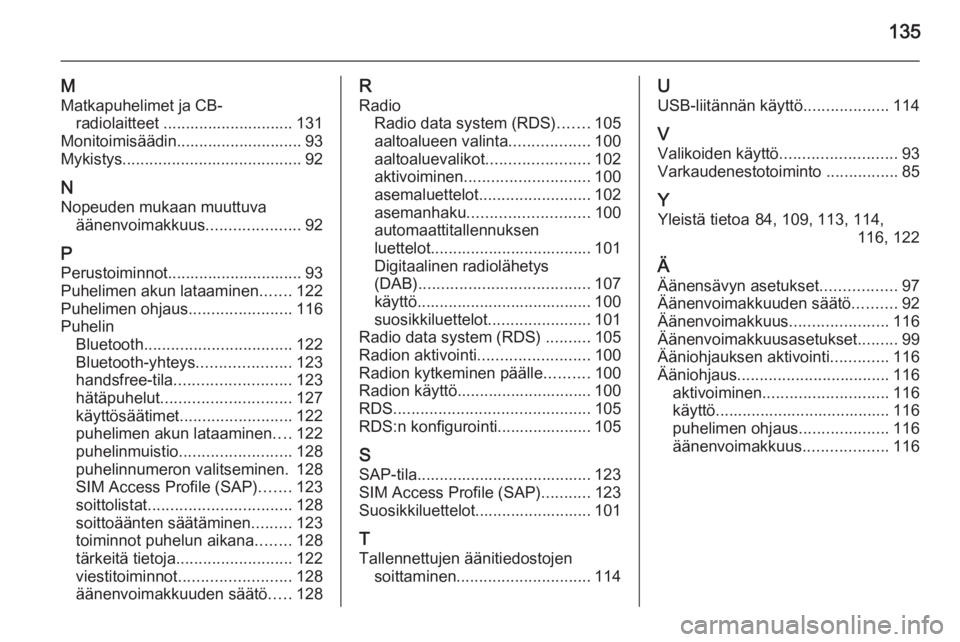 OPEL CASCADA 2015.5  Infotainment-ohjekirja (in Finnish) 135
M
Matkapuhelimet ja CB- radiolaitteet ............................. 131
Monitoimisäädin............................ 93
Mykistys ........................................ 92
N
Nopeuden mukaan muut