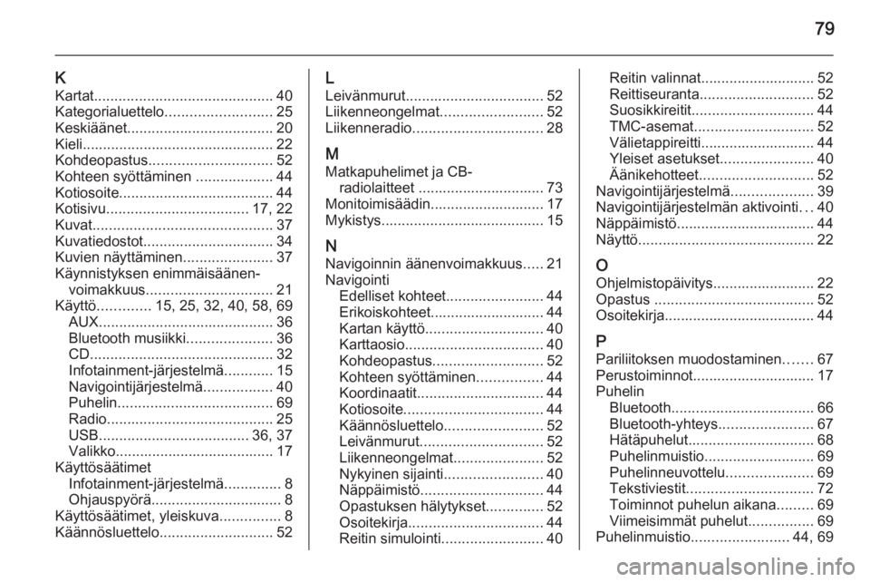 OPEL CASCADA 2015.5  Infotainment-ohjekirja (in Finnish) 79
KKartat ............................................ 40
Kategorialuettelo .......................... 25
Keskiäänet .................................... 20
Kieli ..................................