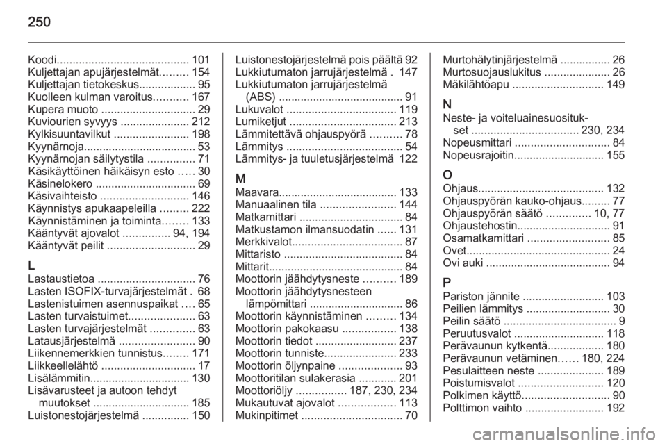OPEL CASCADA 2015.5  Ohjekirja (in Finnish) 250
Koodi.......................................... 101
Kuljettajan apujärjestelmät .........154
Kuljettajan tietokeskus ..................95
Kuolleen kulman varoitus ...........167
Kupera muoto  ..