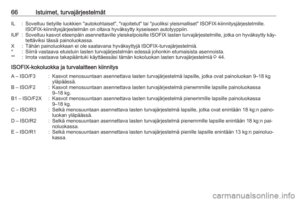 OPEL CASCADA 2016.5  Ohjekirja (in Finnish) 66Istuimet, turvajärjestelmätIL:Soveltuu tietyille luokkien "autokohtaiset", "rajoitetut" tai "puoliksi yleismalliset" ISOFIX-kiinnitysjärjestelmille.
ISOFIX-kiinnitysjärje