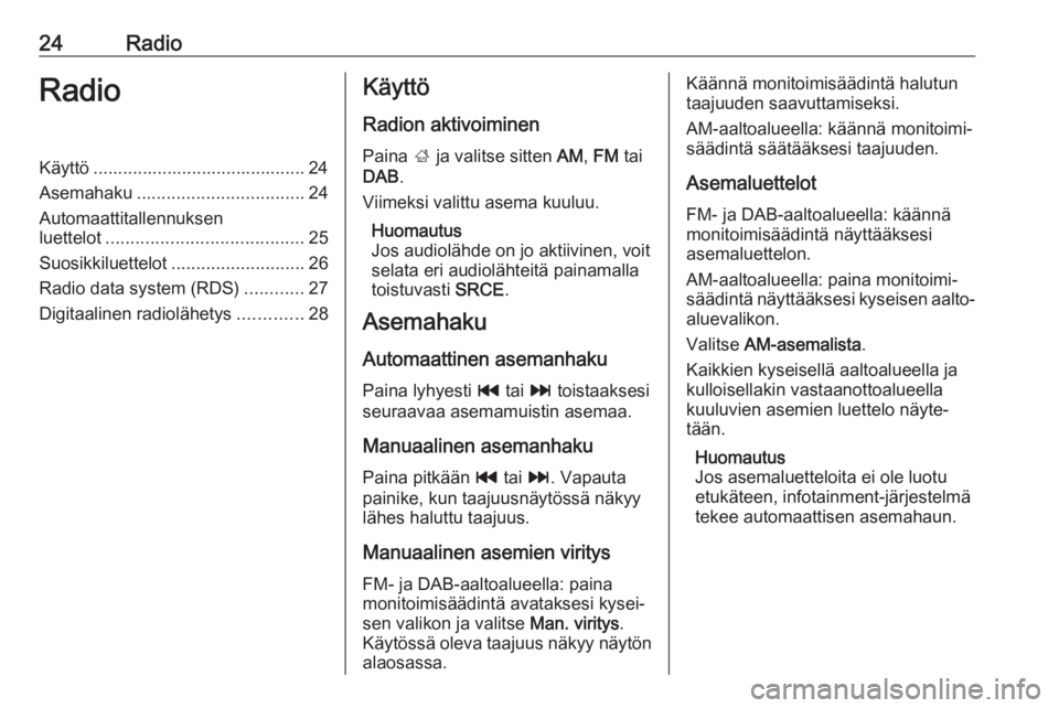 OPEL CASCADA 2017 Infotainment-ohjekirja (in Finnish) 24RadioRadioKäyttö ........................................... 24
Asemahaku .................................. 24
Automaattitallennuksen
luettelot ........................................ 25
Suosikk OPEL CASCADA 2017 Infotainment-ohjekirja (in Finnish) 24RadioRadioKäyttö ........................................... 24
Asemahaku .................................. 24
Automaattitallennuksen
luettelot ........................................ 25
Suosikk