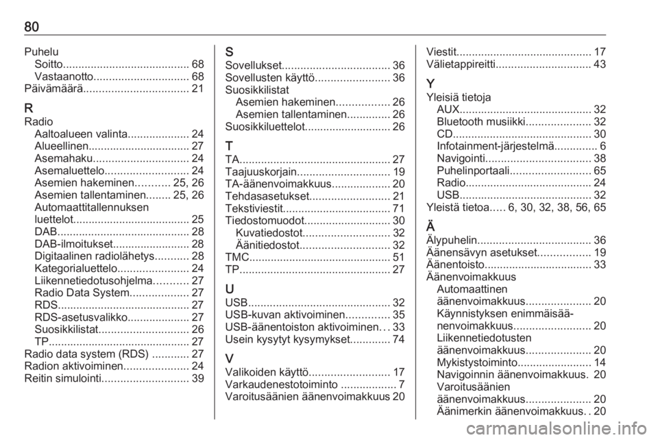 OPEL CASCADA 2017  Infotainment-ohjekirja (in Finnish) 80PuheluSoitto ......................................... 68
Vastaanotto ............................... 68
Päivämäärä .................................. 21
R Radio Aaltoalueen valinta ...........