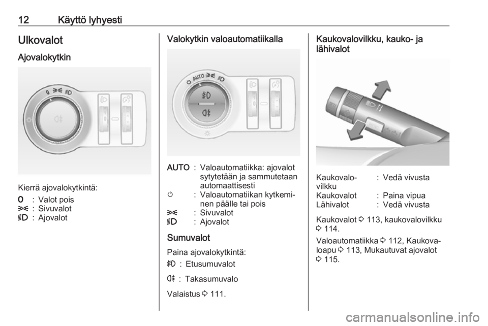 OPEL CASCADA 2017  Ohjekirja (in Finnish) 12Käyttö lyhyestiUlkovalotAjovalokytkin
Kierrä ajovalokytkintä:
7:Valot pois8:Sivuvalot9:AjovalotValokytkin valoautomatiikallaAUTO:Valoautomatiikka: ajovalot
sytytetään ja sammutetaan
automaatti