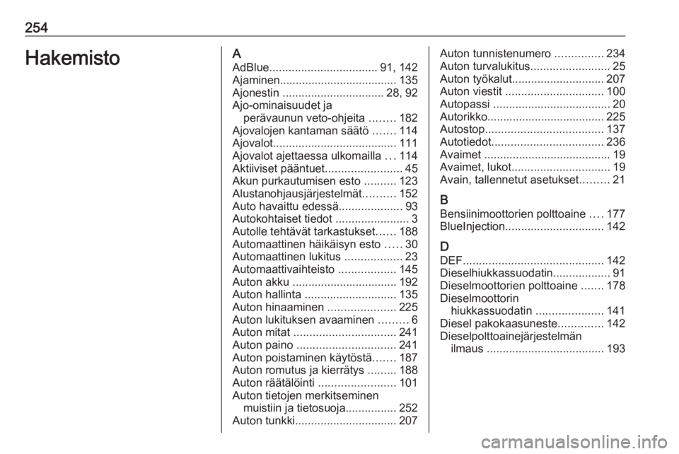 OPEL CASCADA 2017  Ohjekirja (in Finnish) 254HakemistoAAdBlue .................................. 91, 142
Ajaminen..................................... 135 Ajonestin  ................................ 28, 92
Ajo-ominaisuudet ja perävaunun veto