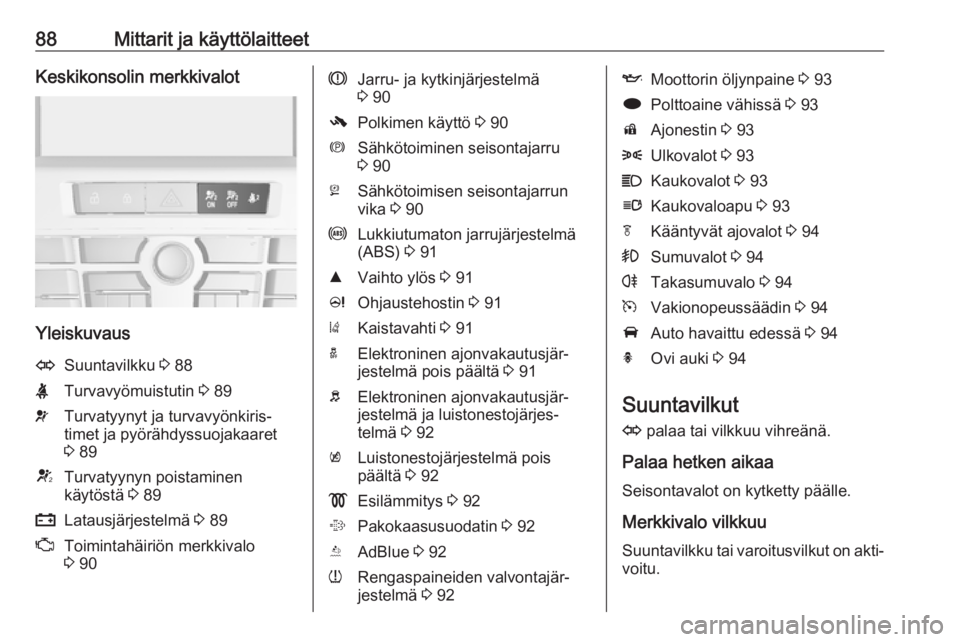 OPEL CASCADA 2018.5  Ohjekirja (in Finnish) 88Mittarit ja käyttölaitteetKeskikonsolin merkkivalot
Yleiskuvaus
OSuuntavilkku 3 88XTurvavyömuistutin  3 89vTurvatyynyt ja turvavyönkiris‐
timet ja pyörähdyssuojakaaret
3  89VTurvatyynyn pois