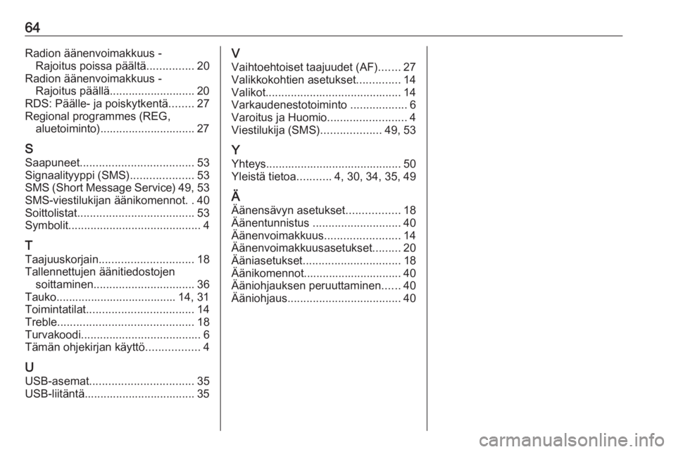 OPEL COMBO 2016  Infotainment-ohjekirja (in Finnish) 64Radion äänenvoimakkuus -Rajoitus poissa päältä ...............20
Radion äänenvoimakkuus - Rajoitus päällä........................... 20
RDS: Päälle- ja poiskytkentä ........27
Regional 