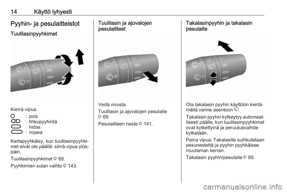 OPEL COMBO 2017  Ohjekirja (in Finnish) 14Käyttö lyhyestiPyyhin- ja pesulaitteistotTuulilasinpyyhkimet
Kierrä vipua:
§:poisÇ:tihkupyyhintäÈ:hidasÉ:nopea
Kertapyyhkäisy, kun tuulilasinpyyhki‐
met eivät ole päällä: siirrä vipu
