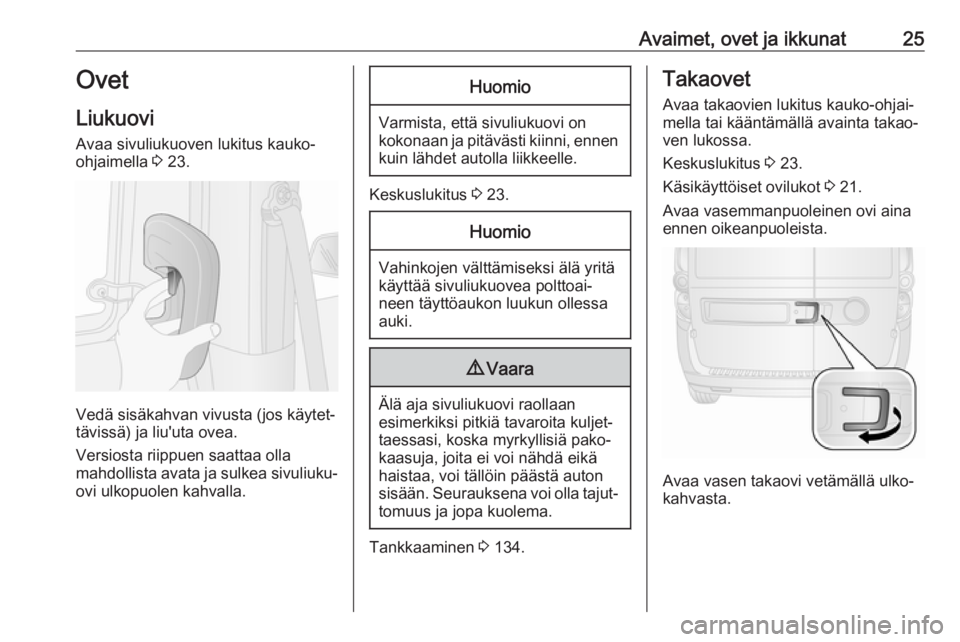 OPEL COMBO D 2018  Ohjekirja (in Finnish) Avaimet, ovet ja ikkunat25Ovet
Liukuovi
Avaa sivuliukuoven lukitus kauko-
ohjaimella  3 23.
Vedä sisäkahvan vivusta (jos käytet‐
tävissä) ja liu'uta ovea.
Versiosta riippuen saattaa olla
ma