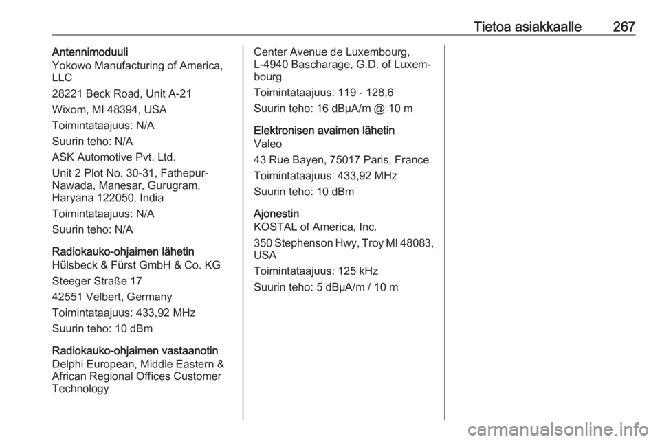 OPEL COMBO E 2019.1  Ohjekirja (in Finnish) Tietoa asiakkaalle267Antennimoduuli
Yokowo Manufacturing of America,
LLC
28221 Beck Road, Unit A-21
Wixom, MI 48394, USA
Toimintataajuus: N/A
Suurin teho: N/A
ASK Automotive Pvt. Ltd.
Unit 2 Plot No. 