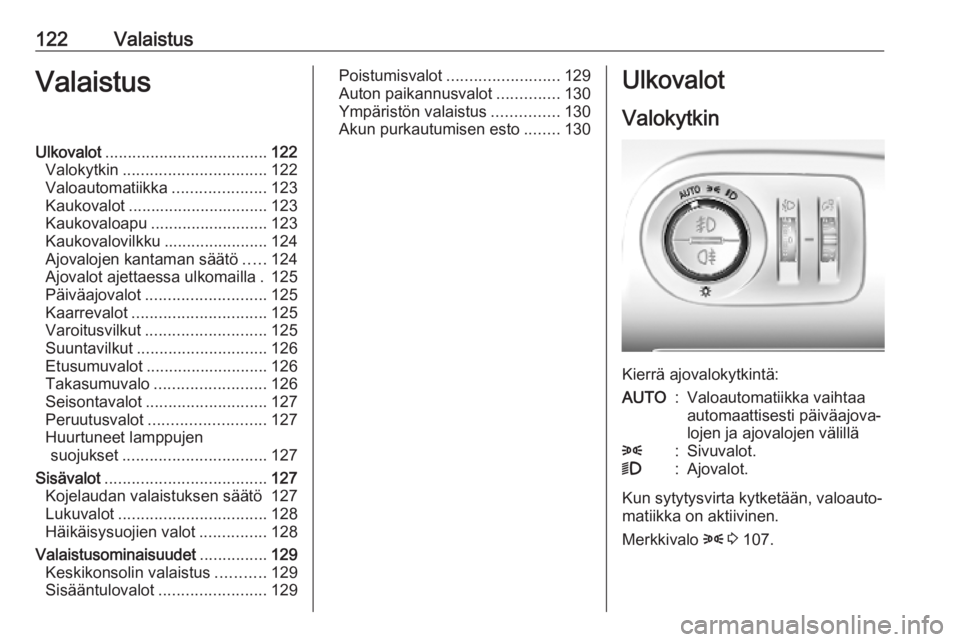 OPEL COMBO E 2019.75 Ohjekirja (in Finnish) 122ValaistusValaistusUlkovalot.................................... 122
Valokytkin ................................ 122
Valoautomatiikka .....................123
Kaukovalot ............................ OPEL COMBO E 2019.75 Ohjekirja (in Finnish) 122ValaistusValaistusUlkovalot.................................... 122
Valokytkin ................................ 122
Valoautomatiikka .....................123
Kaukovalot ............................