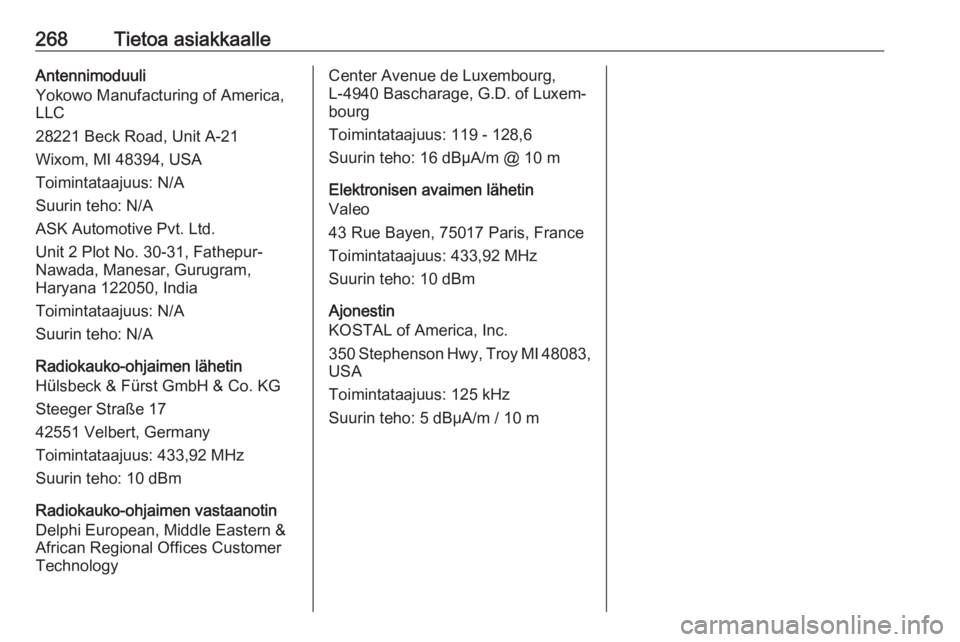OPEL COMBO E 2019.75  Ohjekirja (in Finnish) 268Tietoa asiakkaalleAntennimoduuli
Yokowo Manufacturing of America,
LLC
28221 Beck Road, Unit A-21
Wixom, MI 48394, USA
Toimintataajuus: N/A
Suurin teho: N/A
ASK Automotive Pvt. Ltd.
Unit 2 Plot No. 