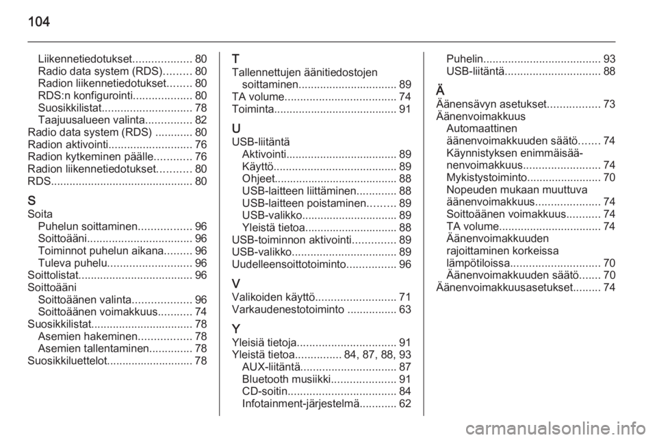 OPEL KARL 2016.5  Infotainment-ohjekirja (in Finnish) 104
Liikennetiedotukset...................80
Radio data system (RDS) .........80
Radion liikennetiedotukset ........80
RDS:n konfigurointi ...................80
Suosikkilistat ........................