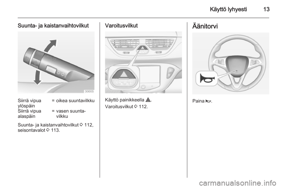 OPEL CORSA 2015  Ohjekirja (in Finnish) Käyttö lyhyesti13
Suunta- ja kaistanvaihtovilkutSiirrä vipua
ylöspäin=oikea suuntavilkkuSiirrä vipua
alaspäin=vasen suunta‐
vilkku
Suunta- ja kaistanvaihtovilkut  3 112,
seisontavalot  3 113.