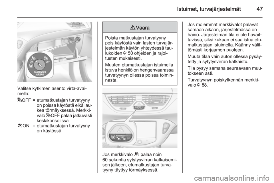 OPEL CORSA 2015  Ohjekirja (in Finnish) Istuimet, turvajärjestelmät47
Valitse kytkimen asento virta-avai‐
mella:
* OFF=etumatkustajan turvatyyny
on poissa käytöstä eikä lau‐ kea törmäyksessä. Merkki‐
valo  *OFF palaa jatkuvas