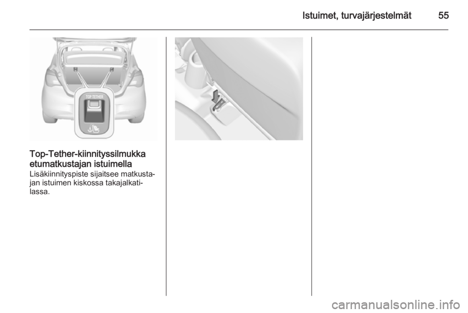 OPEL CORSA 2015.5 Ohjekirja (in Finnish) Istuimet, turvajärjestelmät55
Top-Tether-kiinnityssilmukkaetumatkustajan istuimella
Lisäkiinnityspiste sijaitsee matkusta‐
jan istuimen kiskossa takajalkati‐
lassa. OPEL CORSA 2015.5 Ohjekirja (in Finnish) Istuimet, turvajärjestelmät55
Top-Tether-kiinnityssilmukkaetumatkustajan istuimella
Lisäkiinnityspiste sijaitsee matkusta‐
jan istuimen kiskossa takajalkati‐
lassa.
