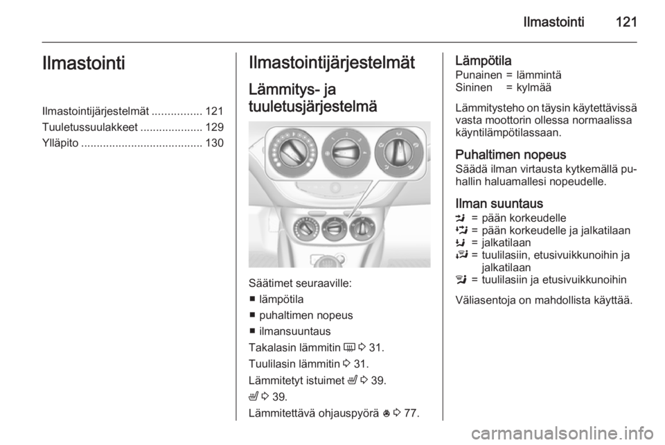 OPEL CORSA 2015.75 Ohjekirja (in Finnish) Ilmastointi121IlmastointiIlmastointijärjestelmät................121
Tuuletussuulakkeet ....................129
Ylläpito ....................................... 130Ilmastointijärjestelmät
Lämmity OPEL CORSA 2015.75 Ohjekirja (in Finnish) Ilmastointi121IlmastointiIlmastointijärjestelmät................121
Tuuletussuulakkeet ....................129
Ylläpito ....................................... 130Ilmastointijärjestelmät
Lämmity
