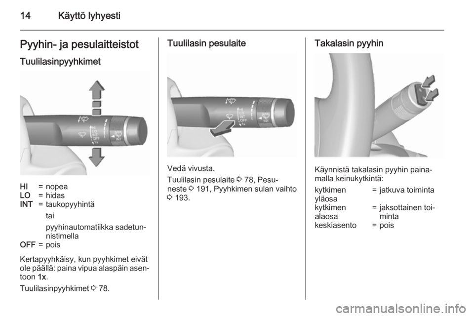 OPEL CORSA 2015.75  Ohjekirja (in Finnish) 14Käyttö lyhyestiPyyhin- ja pesulaitteistot
TuulilasinpyyhkimetHI=nopeaLO=hidasINT=taukopyyhintä
tai
pyyhinautomatiikka sadetun‐
nistimellaOFF=pois
Kertapyyhkäisy, kun pyyhkimet eivät
ole pää