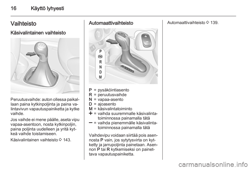 OPEL CORSA 2015.75  Ohjekirja (in Finnish) 16Käyttö lyhyestiVaihteisto
Käsivalintainen vaihteisto
Peruutusvaihde: auton ollessa paikal‐ laan paina kytkinpoljinta ja paina va‐
lintavivun vapautuspainiketta ja kytke
vaihde.
Jos vaihde ei 