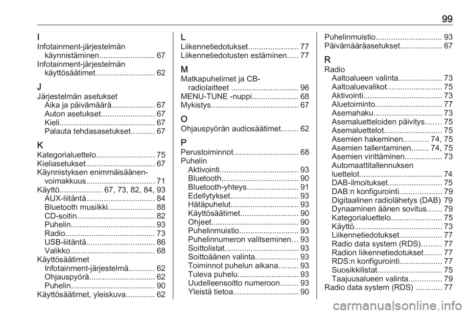 OPEL CORSA 2016 Infotainment-ohjekirja (in Finnish) 99I
Infotainment-järjestelmän käynnistäminen ......................... 67
Infotainment-järjestelmän käyttösäätimet ........................... 62
J
Järjestelmän asetukset Aika ja päiväm OPEL CORSA 2016 Infotainment-ohjekirja (in Finnish) 99I
Infotainment-järjestelmän käynnistäminen ......................... 67
Infotainment-järjestelmän käyttösäätimet ........................... 62
J
Järjestelmän asetukset Aika ja päiväm
