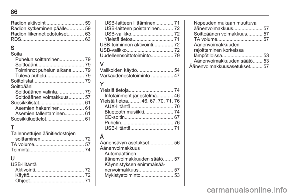 OPEL CORSA 2016.5  Infotainment-ohjekirja (in Finnish) 86Radion aktivointi........................... 59
Radion kytkeminen päälle ............59
Radion liikennetiedotukset ...........63
RDS .............................................. 63
S Soita Puhel