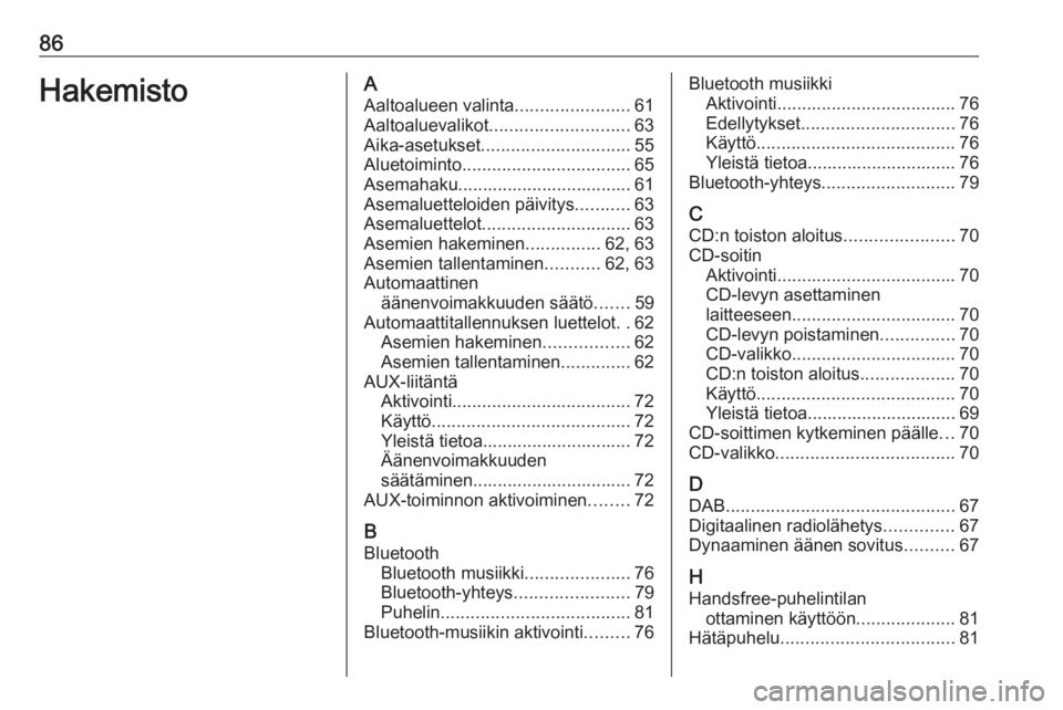 OPEL CORSA 2017 Infotainment-ohjekirja (in Finnish) 86HakemistoAAaltoalueen valinta .......................61
Aaltoaluevalikot ............................ 63
Aika-asetukset .............................. 55
Aluetoiminto ............................... OPEL CORSA 2017 Infotainment-ohjekirja (in Finnish) 86HakemistoAAaltoalueen valinta .......................61
Aaltoaluevalikot ............................ 63
Aika-asetukset .............................. 55
Aluetoiminto ...............................