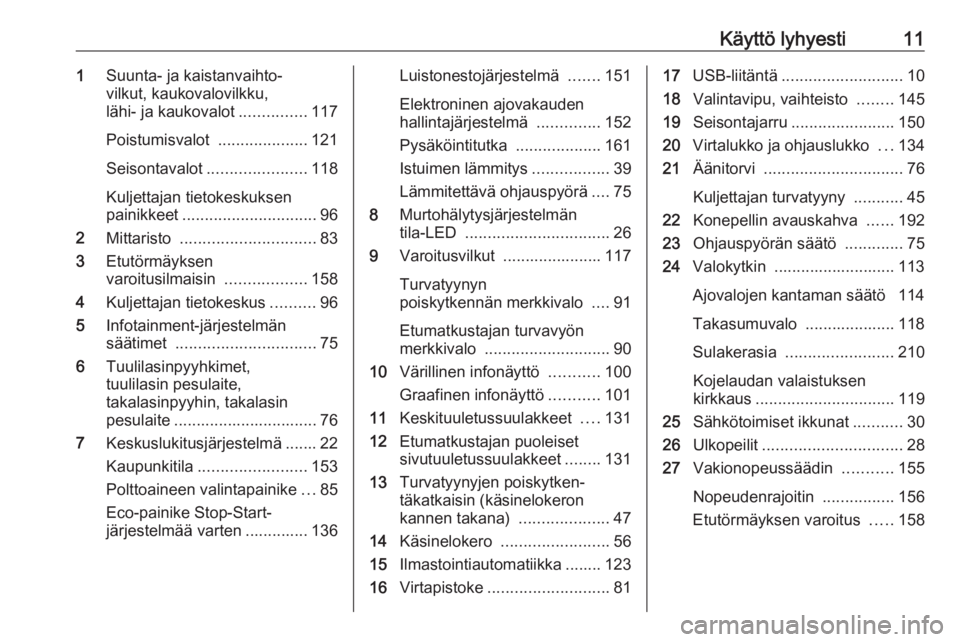 OPEL CORSA 2017  Ohjekirja (in Finnish) Käyttö lyhyesti111Suunta- ja kaistanvaihto‐
vilkut, kaukovalovilkku,
lähi- ja kaukovalot ...............117
Poistumisvalot  ....................121
Seisontavalot ...................... 118
Kuljet
