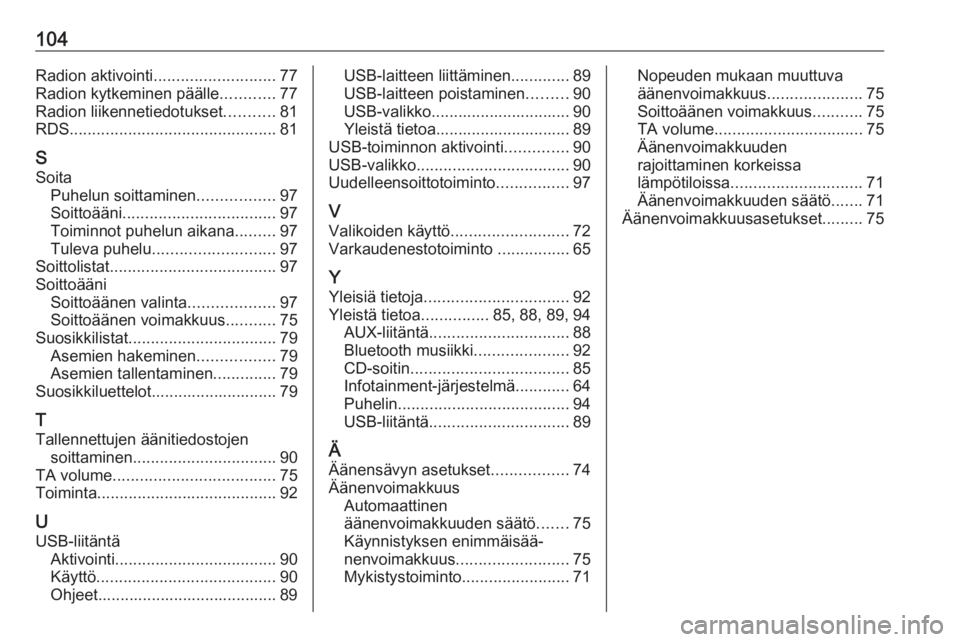 OPEL CORSA E 2017.5 Infotainment-ohjekirja (in Finnish) 104Radion aktivointi........................... 77
Radion kytkeminen päälle ............77
Radion liikennetiedotukset ...........81
RDS .............................................. 81
S Soita Puhe OPEL CORSA E 2017.5 Infotainment-ohjekirja (in Finnish) 104Radion aktivointi........................... 77
Radion kytkeminen päälle ............77
Radion liikennetiedotukset ...........81
RDS .............................................. 81
S Soita Puhe