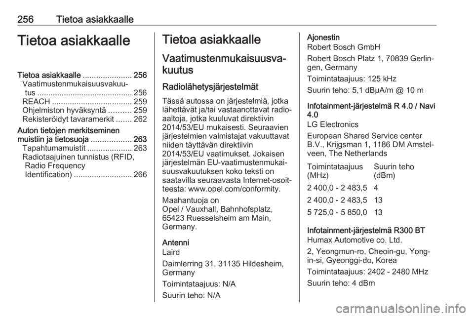 OPEL CORSA E 2018.5 Ohjekirja (in Finnish) 256Tietoa asiakkaalleTietoa asiakkaalleTietoa asiakkaalle......................256
Vaatimustenmukaisuusvakuu‐ tus ........................................... 256
REACH .............................. OPEL CORSA E 2018.5 Ohjekirja (in Finnish) 256Tietoa asiakkaalleTietoa asiakkaalleTietoa asiakkaalle......................256
Vaatimustenmukaisuusvakuu‐ tus ........................................... 256
REACH ..............................