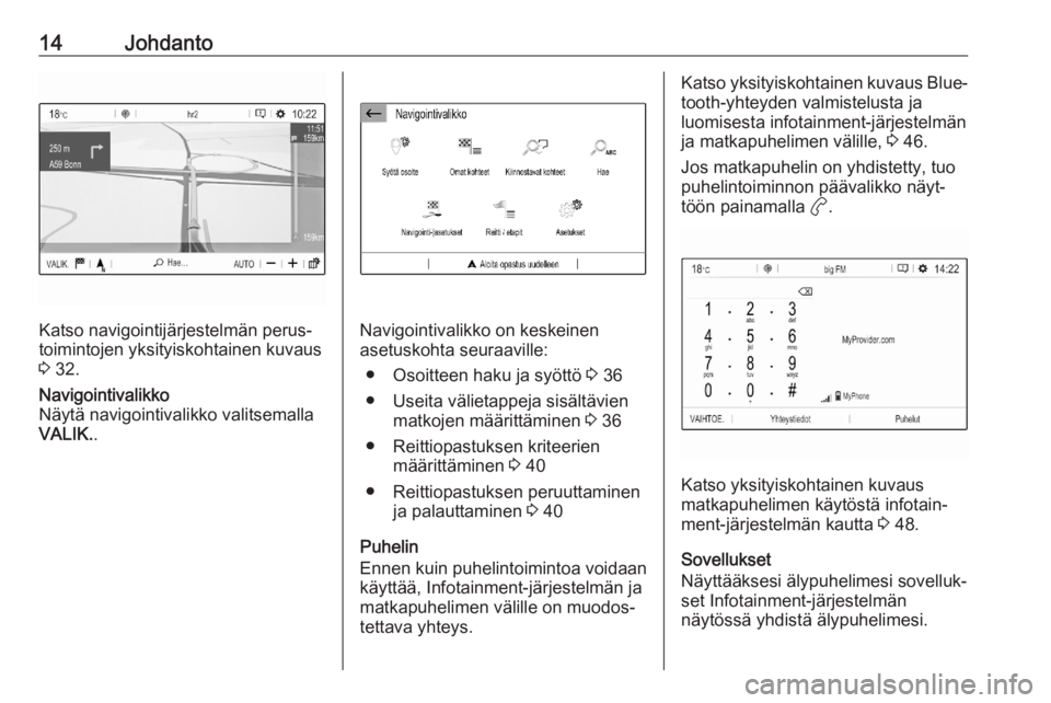 OPEL CORSA F 2020  Infotainment-ohjekirja (in Finnish) 14Johdanto
Katso navigointijärjestelmän perus‐
toimintojen yksityiskohtainen kuvaus
3  32.
Navigointivalikko
Näytä navigointivalikko valitsemalla
VALIK. .
Navigointivalikko on keskeinen
asetusko