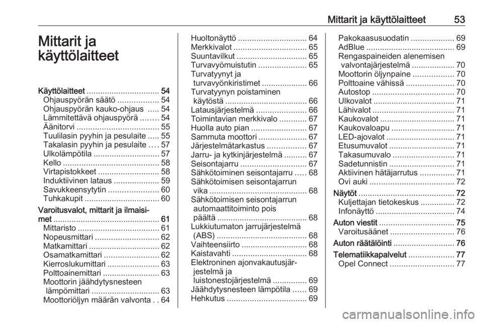 OPEL CORSA F 2020  Ohjekirja (in Finnish) Mittarit ja käyttölaitteet53Mittarit ja
käyttölaitteetKäyttölaitteet ................................ 54
Ohjauspyörän säätö ..................54
Ohjauspyörän kauko-ohjaus  .....54
Lämmit