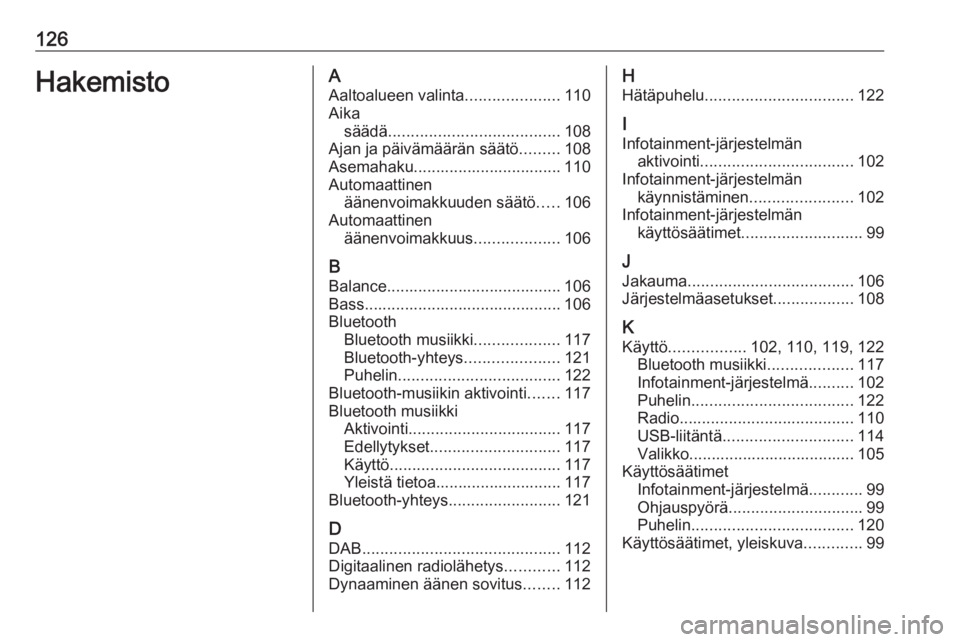 OPEL CROSSLAND X 2017.75  Infotainment-ohjekirja (in Finnish) 126HakemistoAAaltoalueen valinta .....................110
Aika säädä ...................................... 108
Ajan ja päivämäärän säätö .........108
Asemahaku.............................
