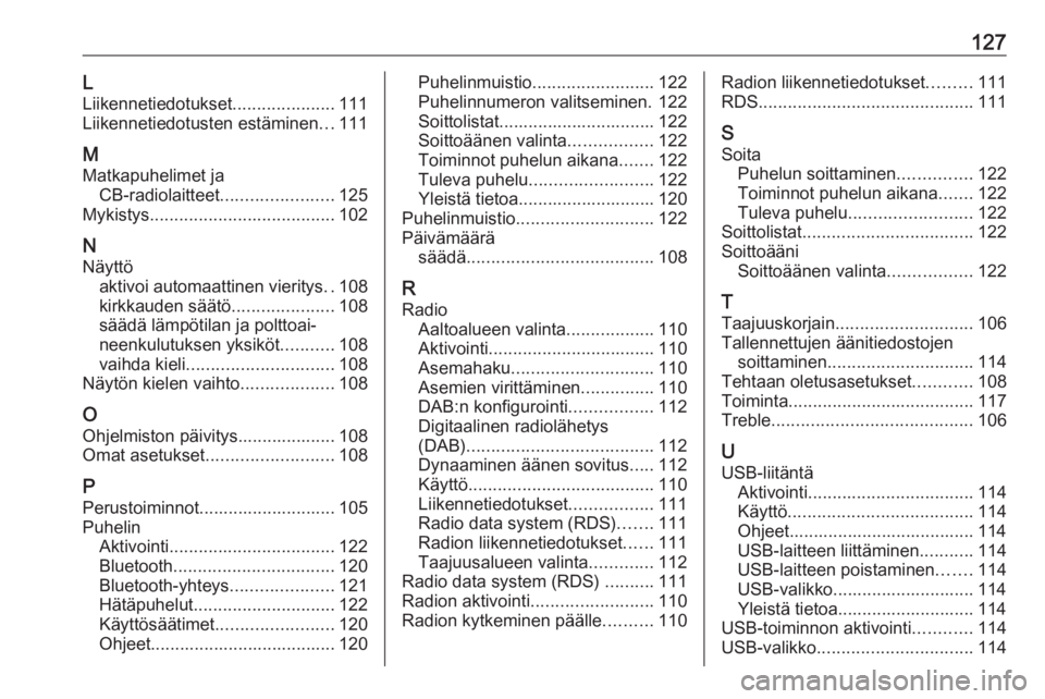 OPEL CROSSLAND X 2017.75  Infotainment-ohjekirja (in Finnish) 127LLiikennetiedotukset .....................111
Liikennetiedotusten estäminen ...111
M Matkapuhelimet ja CB-radiolaitteet .......................125
Mykistys ...................................... 1