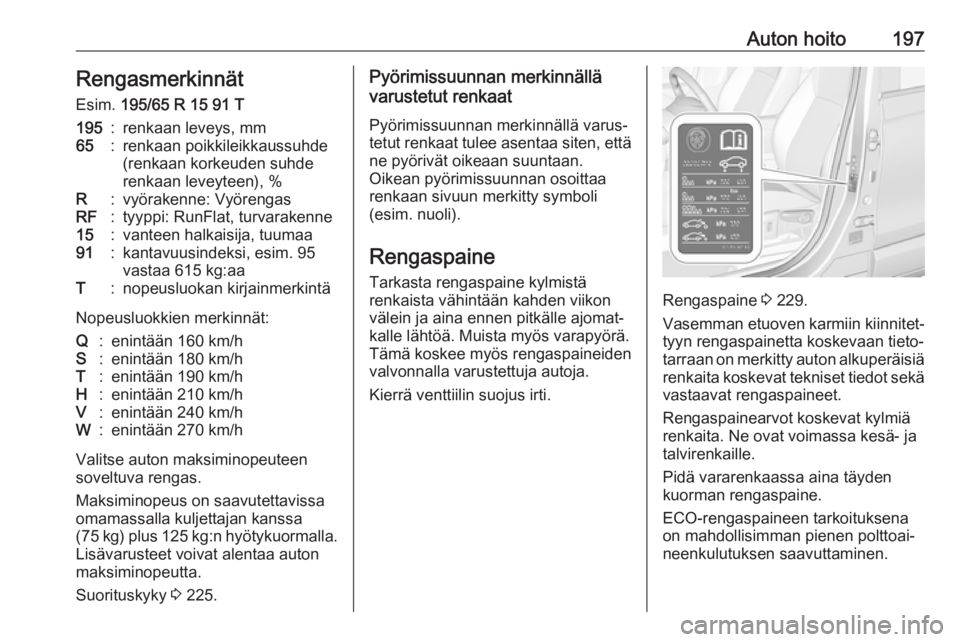 OPEL CROSSLAND X 2017.75  Ohjekirja (in Finnish) Auton hoito197Rengasmerkinnät
Esim.  195/65 R 15 91 T195:renkaan leveys, mm65:renkaan poikkileikkaussuhde
(renkaan korkeuden suhde
renkaan leveyteen), %R:vyörakenne: VyörengasRF:tyyppi: RunFlat, tu