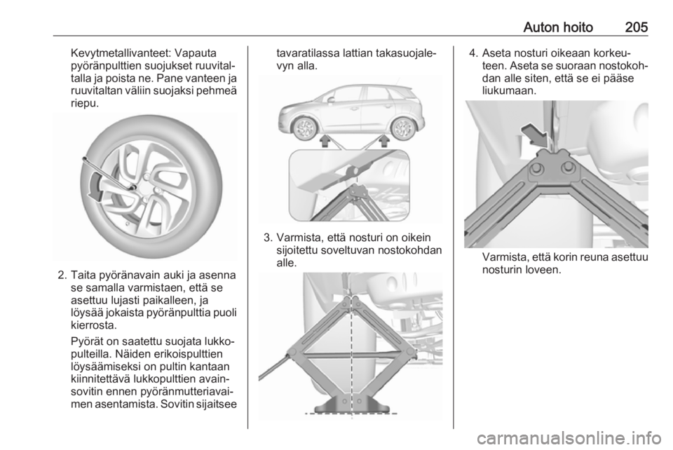 OPEL CROSSLAND X 2017.75  Ohjekirja (in Finnish) Auton hoito205Kevytmetallivanteet: Vapauta
pyöränpulttien suojukset ruuvital‐
talla ja poista ne. Pane vanteen ja ruuvitaltan väliin suojaksi pehmeä riepu.
2. Taita pyöränavain auki ja asenna 