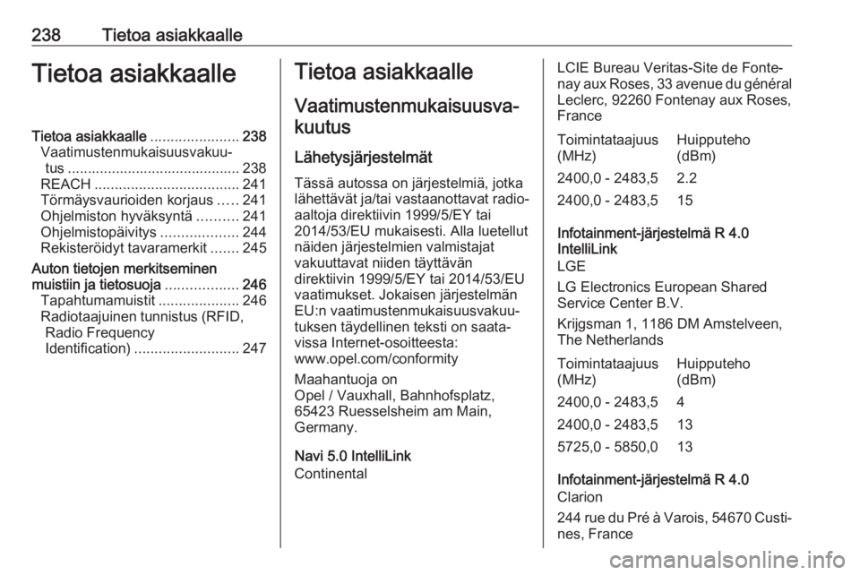 OPEL CROSSLAND X 2018 Ohjekirja (in Finnish) 238Tietoa asiakkaalleTietoa asiakkaalleTietoa asiakkaalle......................238
Vaatimustenmukaisuusvakuu‐ tus ........................................... 238
REACH .............................. OPEL CROSSLAND X 2018 Ohjekirja (in Finnish) 238Tietoa asiakkaalleTietoa asiakkaalleTietoa asiakkaalle......................238
Vaatimustenmukaisuusvakuu‐ tus ........................................... 238
REACH ..............................