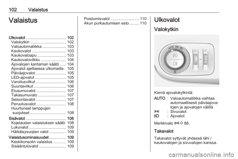 OPEL CROSSLAND X 2020  Ohjekirja (in Finnish) 102ValaistusValaistusUlkovalot.................................... 102
Valokytkin ................................ 102
Valoautomatiikka .....................103
Kaukovalot ............................