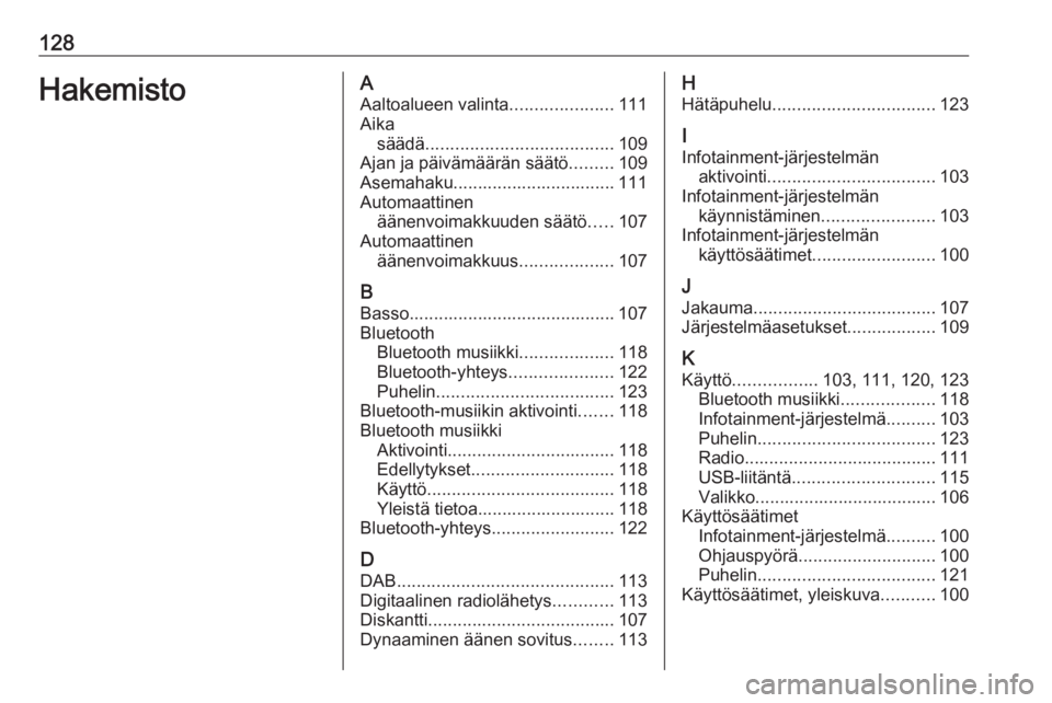 OPEL GRANDLAND X 2018.5  Infotainment-ohjekirja (in Finnish) 128HakemistoAAaltoalueen valinta .....................111
Aika säädä ...................................... 109
Ajan ja päivämäärän säätö .........109
Asemahaku.............................