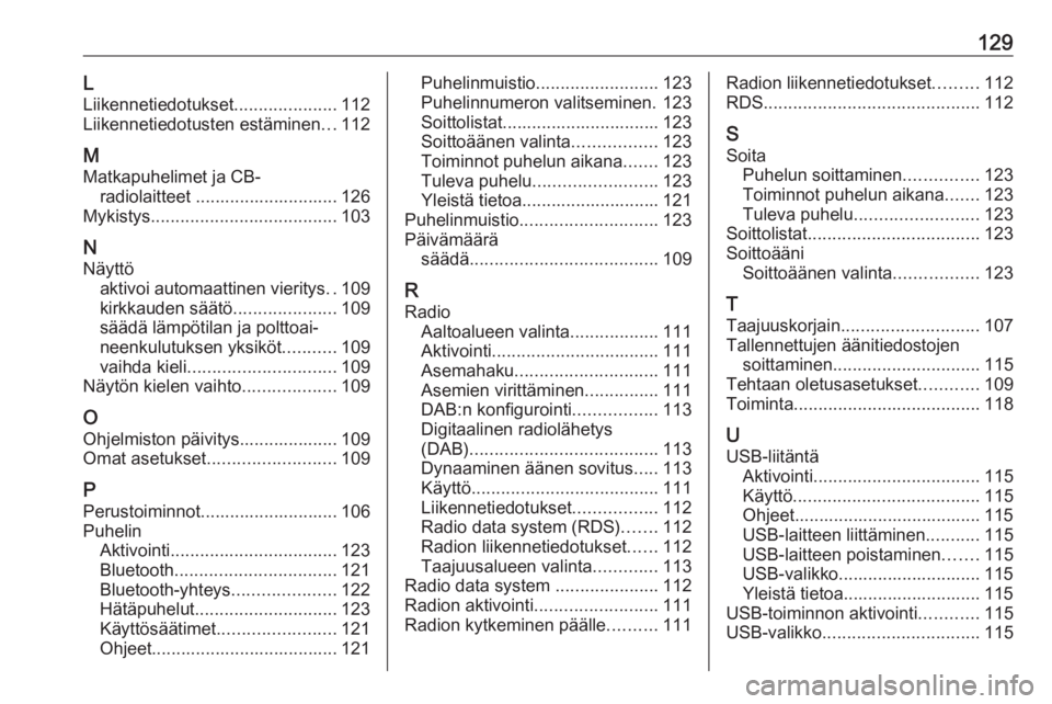 OPEL GRANDLAND X 2018.5  Infotainment-ohjekirja (in Finnish) 129LLiikennetiedotukset .....................112
Liikennetiedotusten estäminen ...112
M Matkapuhelimet ja CB- radiolaitteet ............................. 126
Mykistys ................................