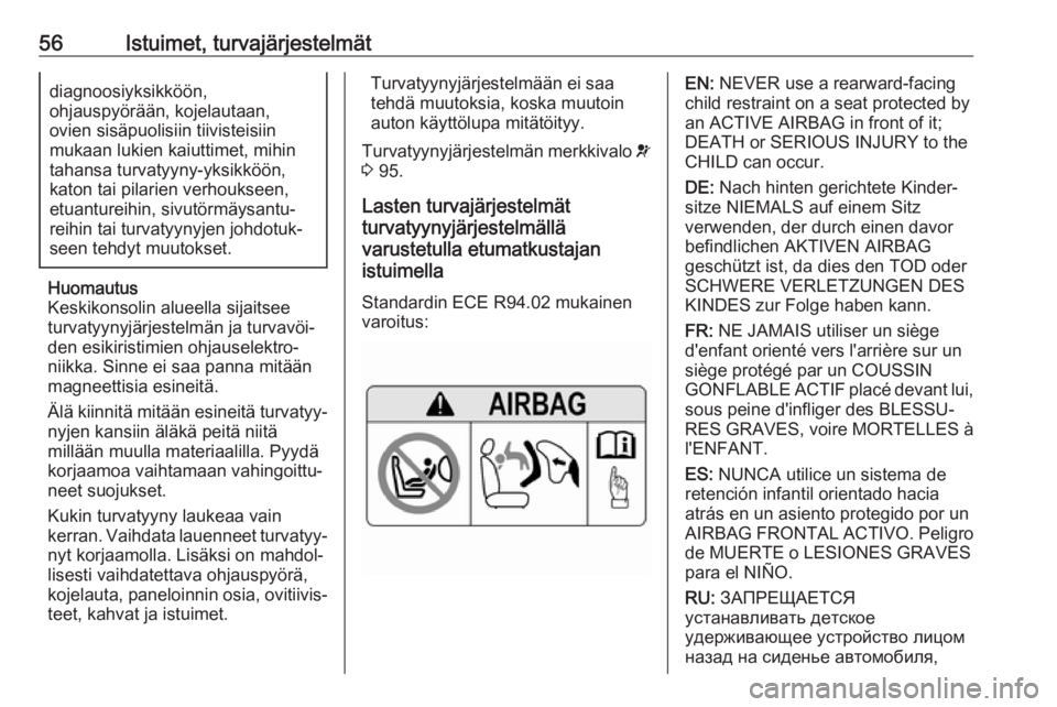 OPEL GRANDLAND X 2018.5  Ohjekirja (in Finnish) 56Istuimet, turvajärjestelmätdiagnoosiyksikköön,
ohjauspyörään, kojelautaan,
ovien sisäpuolisiin tiivisteisiin
mukaan lukien kaiuttimet, mihin
tahansa turvatyyny-yksikköön,
katon tai pilarie