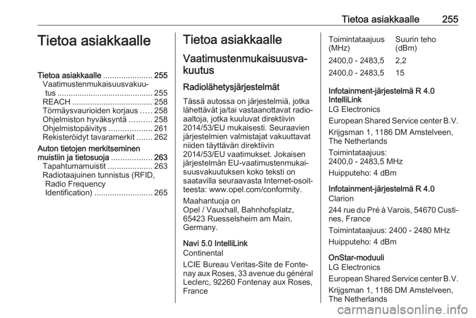 OPEL GRANDLAND X 2018.75  Ohjekirja (in Finnish) Tietoa asiakkaalle255Tietoa asiakkaalleTietoa asiakkaalle......................255
Vaatimustenmukaisuusvakuu‐ tus ........................................... 255
REACH ..............................