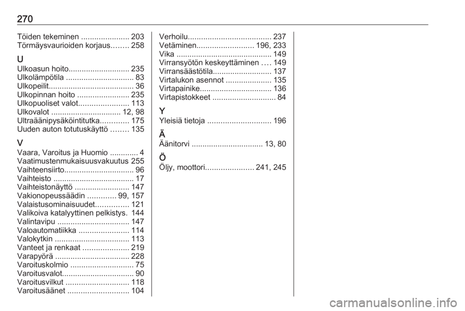OPEL GRANDLAND X 2018.75  Ohjekirja (in Finnish) 270Töiden tekeminen ......................203
Törmäysvaurioiden korjaus ........258
U
Ulkoasun hoito ............................ 235
Ulkolämpötila  ............................... 83
Ulkopeilit 