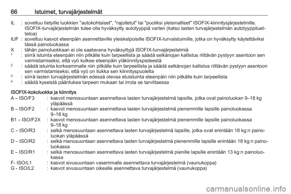 OPEL GRANDLAND X 2018.75  Ohjekirja (in Finnish) 66Istuimet, turvajärjestelmätIL:soveltuu tietyille luokkien "autokohtaiset", "rajoitetut" tai "puoliksi yleismalliset" ISOFIX-kiinnitysjärjestelmille.
ISOFIX-turvajärjestel